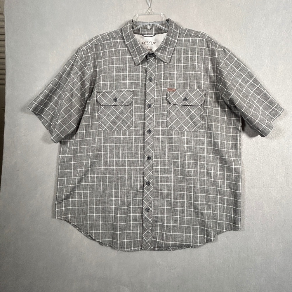 Orvis Men XXL Grey White Plaid Short Sleeve Button Up Shirt Classic Collection